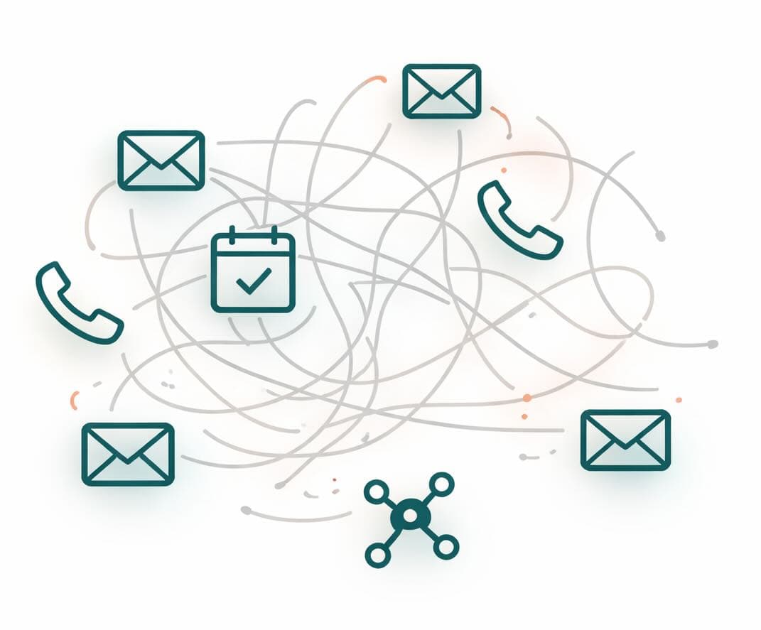 Email, phone, calendar and CRM icons tangled in disconnected lines
