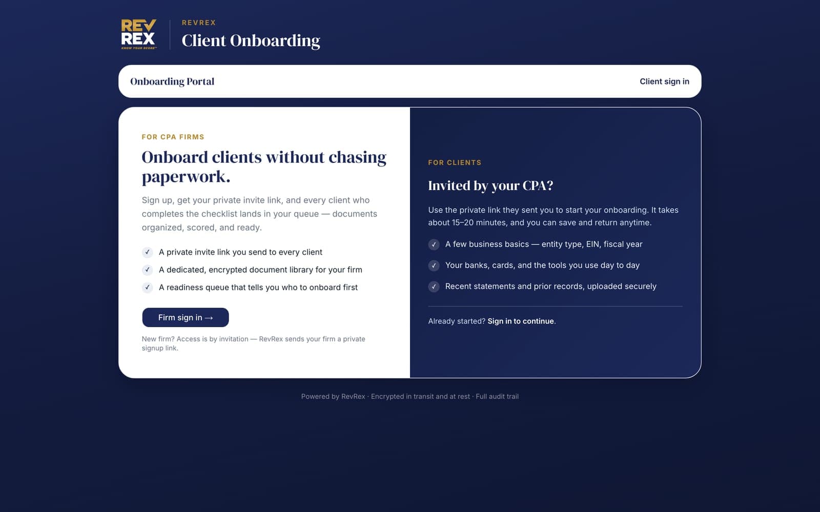 RevRex Client Onboarding homepage